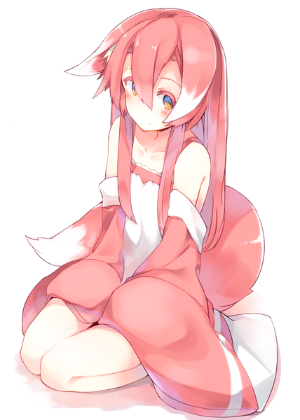 Anime picture 800x1122 with original otokuyou single long hair tall image looking at viewer blush fringe simple background hair between eyes white background sitting bare shoulders animal ears yellow eyes pink hair full body bent knee (knees) tail long sleeves