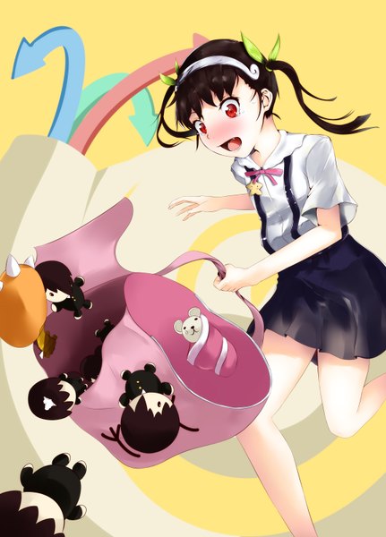 Anime picture 2300x3200 with bakemonogatari shaft (studio) monogatari (series) hachikuji mayoi bbayu single long hair tall image blush highres open mouth black hair red eyes twintails bent knee (knees) screaming girl bow hair bow backpack