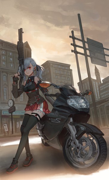 Anime picture 789x1300 with girls frontline spas-12 (girls frontline) xukong single long hair tall image looking at viewer fringe breasts red eyes bare shoulders holding sky cloud (clouds) full body arm up grey hair arm support leaning zettai ryouiki