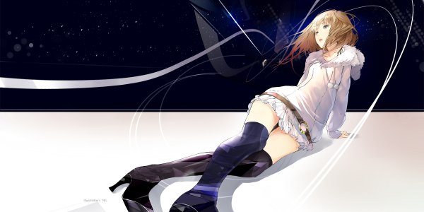 Anime picture 2400x1200 with original nil (artist) single highres short hair open mouth blue eyes wide image wind night sky reclining girl dress thigh boots