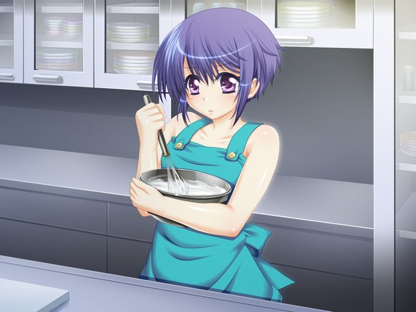 Anime picture 1024x768 with futari wa my angel short hair purple eyes blue hair game cg naked apron cooking girl kitchen whisk