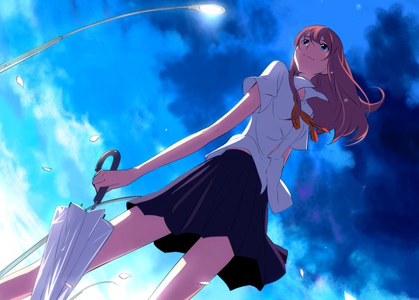 Anime picture 1880x1350 with original shimeji single long hair highres blue eyes brown hair looking away sky cloud (clouds) closed umbrella girl skirt shirt umbrella