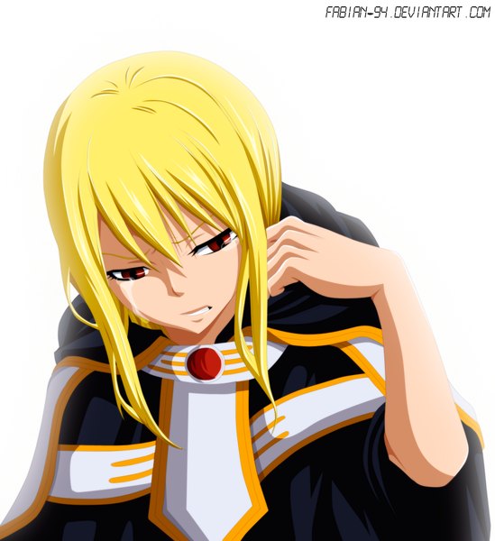 Anime picture 1065x1164 with fairy tail lucy heartfilia fabiansm single long hair tall image blonde hair red eyes white background tears coloring crying girl cloak