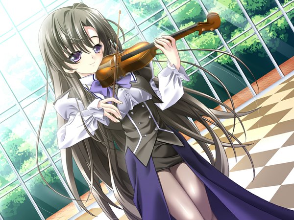Anime picture 1024x768 with argenteumastrum single long hair black hair purple eyes girl dress plant (plants) tree (trees) bowtie violin bow (instrument)