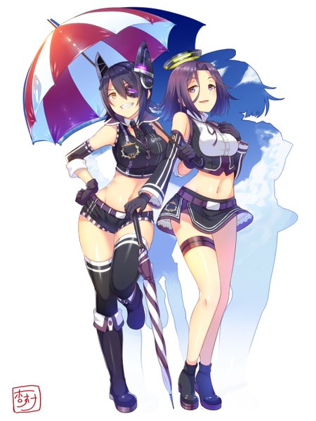 Anime picture 1050x1400 with kantai collection tenryuu light cruiser tatsuta light cruiser ginichi (toot08) tall image looking at viewer blush short hair purple eyes multiple girls yellow eyes purple hair teeth bare belly hand on hip grin girl thighhighs skirt gloves