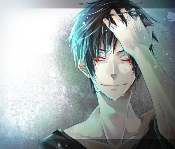Anime picture 1200x1020 with durarara!! brains base (studio) orihara izaya short hair black hair simple background red eyes looking away one eye closed light smile wink wet hand on head hand on face boy water drop t-shirt