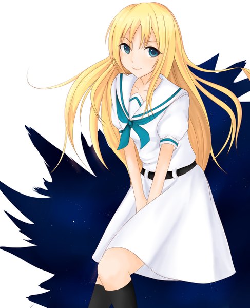 Anime picture 1000x1233 with saki oohoshi awai single long hair tall image looking at viewer blue eyes blonde hair light smile girl uniform school uniform socks black socks
