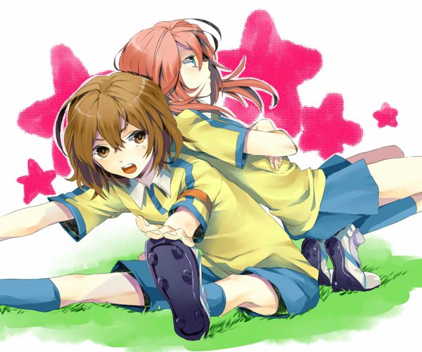 Anime picture 1062x885 with inazuma eleven inazuma eleven go kirino ranmaru shindou takuto wonoco0916 short hair blue eyes brown hair brown eyes pink hair profile multiple boys crossed arms exercise football boy uniform plant (plants) socks 2 boys