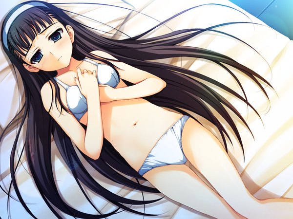 Anime picture 1600x1200 with akatsuki no goei tomose shunsaku long hair blue eyes light erotic black hair game cg underwear only girl navel underwear panties lingerie bra hairband white panties white bra