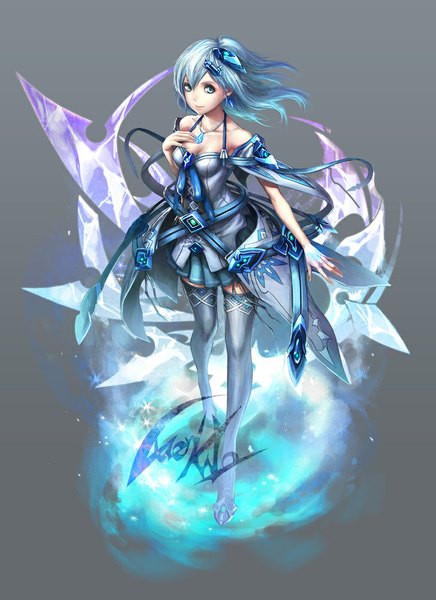 Anime picture 727x1000 with recovered memory icy (character) luen kulo single long hair tall image looking at viewer fringe blue eyes simple background standing bare shoulders blue hair ponytail pleated skirt light smile grey background alternate costume magic side ponytail