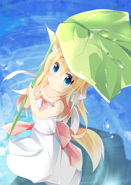 Anime picture 1062x1500 with original kushida you kushidayo single long hair tall image looking at viewer blush fringe blue eyes blonde hair hair between eyes bare shoulders holding animal ears payot tail parted lips animal tail from above