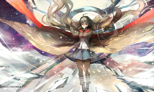 Anime picture 1700x1020 with original pixiv fantasia pixiv fantasia t sishenfan single looking at viewer fringe red eyes brown hair wide image ahoge very long hair wind magic flying serious girl skirt gloves glasses