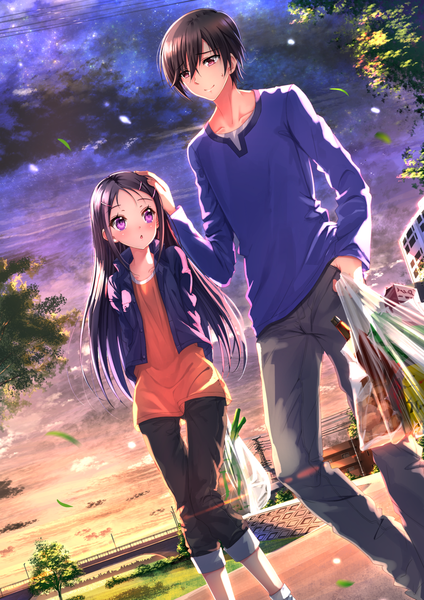 Anime picture 1102x1560 with charlotte p.a. works otosaka ayumi otosaka yuu swordsouls long hair tall image blush short hair black hair smile purple eyes purple hair cloud (clouds) parted lips pink eyes sunlight night open clothes open jacket