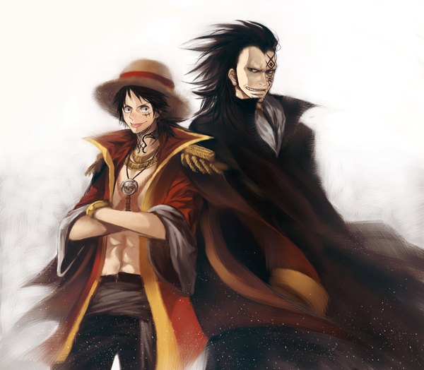 Anime picture 1500x1310 with one piece toei animation monkey d. luffy monkey d dragon hora (genkou naka) short hair black hair black eyes multiple boys tattoo scar crossed arms :p face paint father and son boy hat bracelet tongue cape