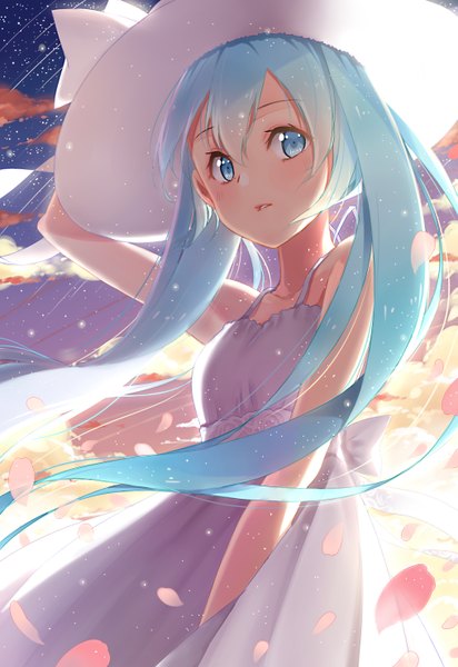 Anime picture 2031x2952 with vocaloid hatsune miku maya g single long hair tall image looking at viewer blush fringe highres blue eyes blue hair cloud (clouds) wind sunlight sparkle meteor rain girl dress hat