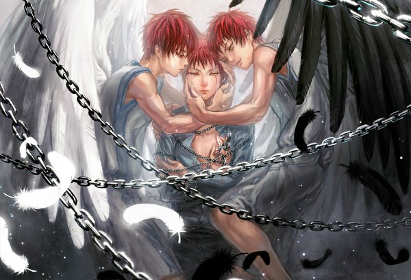 Anime picture 1000x680 with kuroko no basket production i.g akashi seijuurou yamakawa umi looking at viewer fringe short hair red eyes yellow eyes looking away red hair open clothes open shirt sleeveless hug tears hand on chest light arm behind head crossed arms