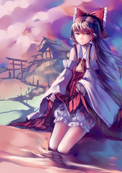 Anime picture 1181x1670 with touhou hakurei reimu mou kankan (tims1111) single long hair tall image looking at viewer black hair red eyes river girl dress bow hair bow detached sleeves