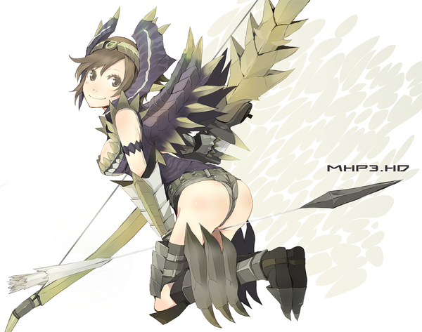 Anime picture 1280x1011 with monster hunter monster hunter portable 3rd alatreon (armor) yoshito (u10) single short hair light erotic smile brown hair brown eyes ass looking back inscription kneeling girl weapon shorts belt armor bow (weapon)