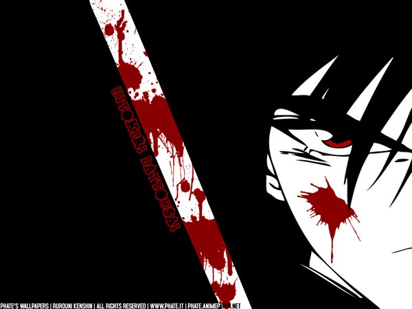 Anime picture 1600x1200 with rurouni kenshin himura kenshin single looking at viewer fringe black hair simple background hair between eyes red eyes inscription wallpaper black background serious blood on face blood stains spot color polychromatic high contrast blending limited palette