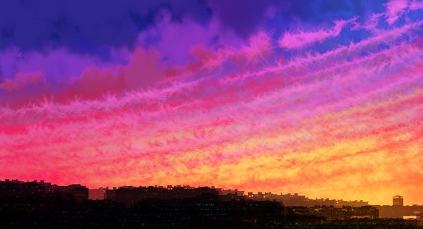 Anime picture 1200x650 with original aya (star) wide image sky cloud (clouds) city evening sunset horizon landscape building (buildings)