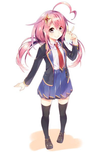 Anime picture 1058x1472 with original sakuragi ren single long hair tall image looking at viewer blush smile standing white background twintails purple eyes pink hair full body ahoge from above low twintails girl thighhighs skirt