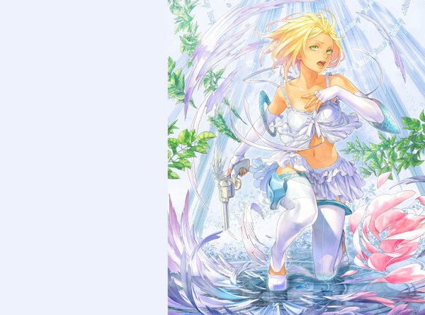Anime picture 1350x1000 with el shaddai gabriel (el shaddai) comin (artist) single looking at viewer short hair open mouth blonde hair bare shoulders green eyes pleated skirt wind girl thighhighs skirt gloves navel plant (plants) detached sleeves miniskirt