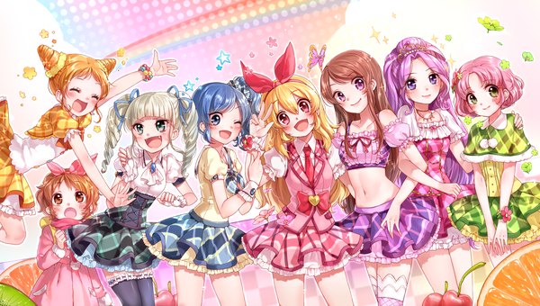 Anime picture 3000x1700 with aikatsu! hoshimiya ichigo kiriya aoi toudou yurika shibuki ran kitaouji sakura arisugawa otome kanzaki mizuki hoshimiya raichi rojiko long hair blush highres short hair open mouth blue eyes blonde hair smile red eyes brown hair