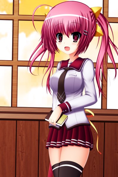 Anime picture 2000x3000 with original toyokawa itsuki (p mayuhime) single long hair tall image blush highres open mouth smile red eyes pink hair girl thighhighs uniform black thighhighs school uniform book (books)