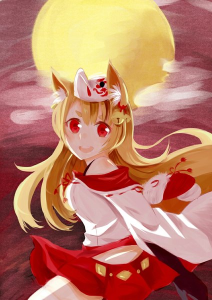 Anime picture 827x1170 with divine gate inari (divine gate) sato0115 single long hair tall image looking at viewer blush fringe breasts open mouth blonde hair red eyes bare shoulders animal ears tail traditional clothes japanese clothes animal tail wide sleeves