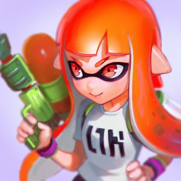 Anime picture 900x900 with splatoon nintendo inkling ilya kuvshinov single long hair blush fringe simple background smile red eyes looking away red hair from above portrait purple background tentacle hair girl mask t-shirt