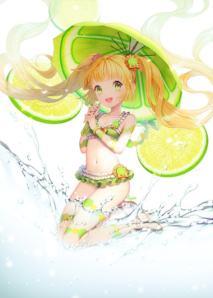 Anime picture 1000x1400 with original saban single tall image looking at viewer blush open mouth blonde hair twintails green eyes signed very long hair bare belly high heels jumping girl navel swimsuit bikini water