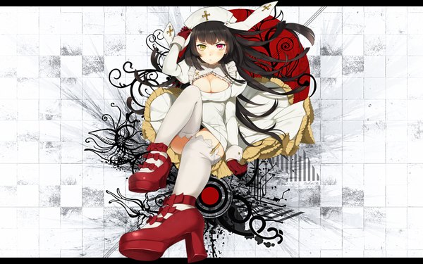 Anime picture 1920x1200 with original kippu single long hair looking at viewer blush highres breasts light erotic black hair red eyes wide image sitting yellow eyes heterochromia letterboxed pantyshot sitting nurse girl thighhighs