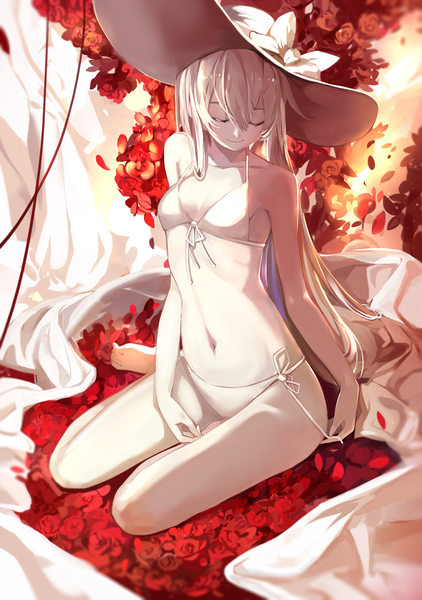 Anime picture 2079x2953 with original saberiii single long hair tall image highres light erotic smile sitting bare shoulders white hair eyes closed barefoot bare legs bare belly pale skin girl navel flower (flowers) swimsuit