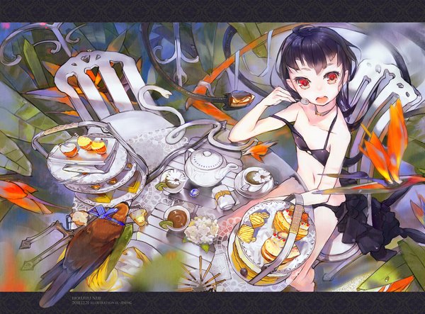 Anime picture 1920x1419 with touhou houjuu nue el-zheng single highres short hair open mouth light erotic black hair red eyes sitting eating girl underwear animal wings sweets bird (birds) chair table