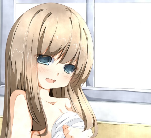 Anime picture 1245x1133 with accel world sunrise (studio) kurasaki fuuko tabuchisan single long hair blush fringe breasts open mouth blue eyes light erotic brown hair large breasts bare shoulders covering covering breasts girl window bathroom