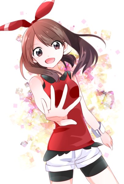 Anime picture 1181x1748 with pokemon pokemon (game) pokemon oras nintendo may (pokemon) yuihiko single long hair tall image looking at viewer open mouth brown hair bare shoulders brown eyes sleeveless outstretched arm girl bow hair bow shorts