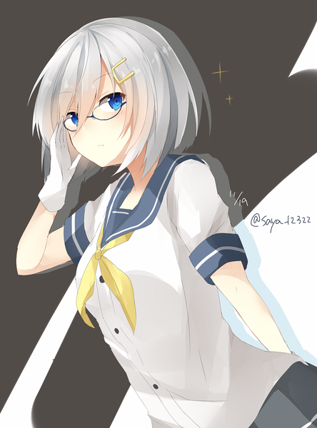 Anime picture 740x1000 with kantai collection hamakaze destroyer satou saya single tall image blush short hair blue eyes signed looking away silver hair salute girl gloves uniform hair ornament glasses white gloves hairclip sailor suit