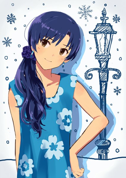 Anime picture 620x875 with idolmaster kisaragi chihaya hangaku (araara0616) single long hair tall image blush brown eyes blue hair looking away ponytail shadow sleeveless hand on hip floral print side ponytail girl dress earrings sundress