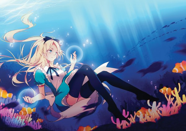 Anime picture 1230x870 with alice in wonderland alice (wonderland) reira (zetalatte) single long hair blue eyes blonde hair underwater girl thighhighs dress bow black thighhighs hair bow bubble (bubbles) fish (fishes) coral