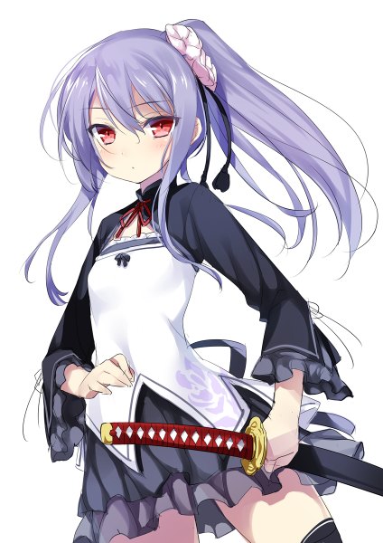 Anime picture 848x1200 with original 47agdragon single long hair tall image looking at viewer blush simple background red eyes white background holding purple hair :o zettai ryouiki side ponytail sheathed sketch ready to draw girl thighhighs