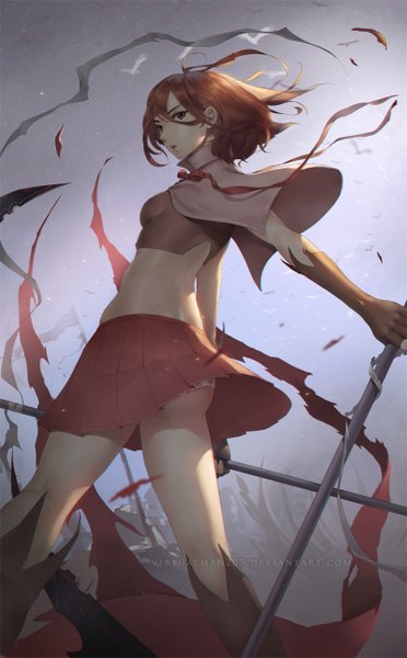 Anime picture 800x1290 with original virtualman thieu quang duc single tall image short hair light erotic brown hair holding brown eyes pleated skirt bare belly pantyshot dual wielding girl skirt gloves underwear panties weapon