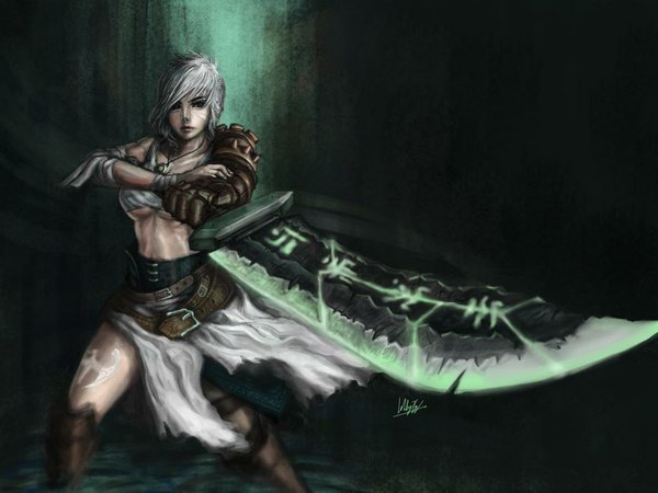 Anime picture 1024x768 with league of legends riven (league of legends) single short hair blonde hair brown eyes scar girl weapon armor bandage (bandages) huge weapon huge sword