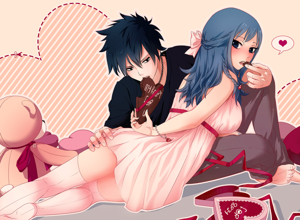 Anime picture 1800x1322 with fairy tail gray fullbuster juvia lockser marmalade (elfless vanilla) long hair looking at viewer highres short hair open mouth blue eyes black hair sitting blue hair braid (braids) black eyes couple single braid eating valentine girl