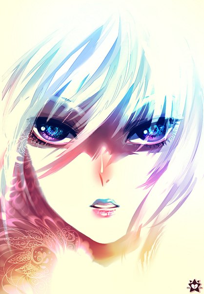 Anime picture 801x1150 with original e-x-p-i-e single tall image looking at viewer short hair open mouth blue eyes simple background white background white hair parted lips lips lipstick gradient background face yellow background makeup girl