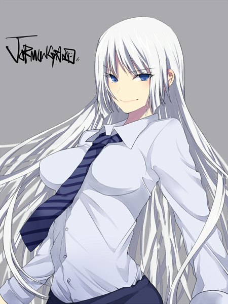Anime picture 800x1066 with jormungand white fox koko hekmatyar matarou (genkai toppa) single long hair tall image looking at viewer blush fringe breasts blue eyes simple background smile large breasts standing white hair long sleeves grey background spread arms