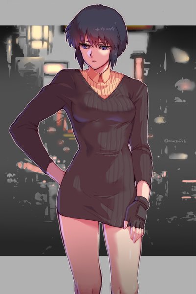 Anime picture 825x1237 with ghost in the shell production i.g kusanagi motoko katsuoboshi single tall image fringe short hair black hair purple eyes signed looking away parted lips blurry hand on hip city girl dress gloves fingerless gloves