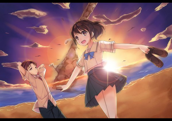 Anime picture 1754x1240 with robotics;notes production i.g senomiya akiho yashio kaito amemiya ruki long hair highres short hair open mouth brown hair brown eyes sky cloud (clouds) ponytail sunlight beach evening sunset spread arms arms behind head