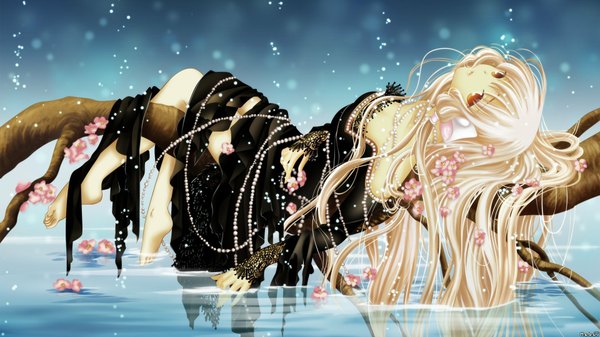 Anime picture 1920x1080 with chobits freya long hair highres blonde hair wide image brown eyes animal ears lying barefoot hair flower legs girl dress hair ornament flower (flowers) water black dress jewelry branch