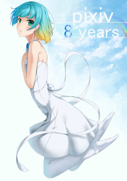 Anime picture 2894x4093 with original pixiv sleipnir single tall image looking at viewer blush fringe highres short hair blonde hair bare shoulders green eyes blue hair sky cloud (clouds) bent knee (knees) multicolored hair no shoes sleeveless