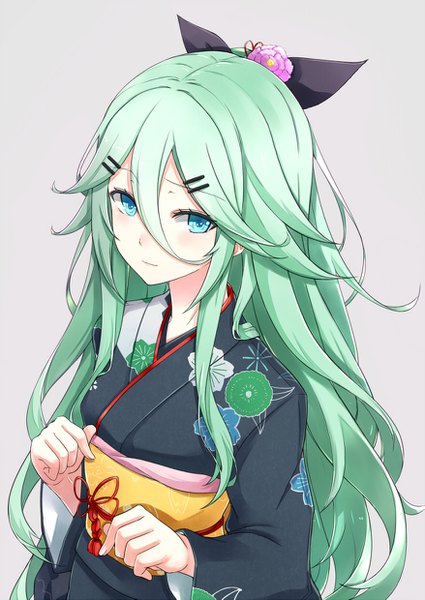 Anime picture 877x1239 with kantai collection yamakaze (kantai collection) asya single long hair tall image looking at viewer blush fringe simple background hair between eyes upper body long sleeves traditional clothes japanese clothes hair flower aqua eyes light smile aqua hair grey background